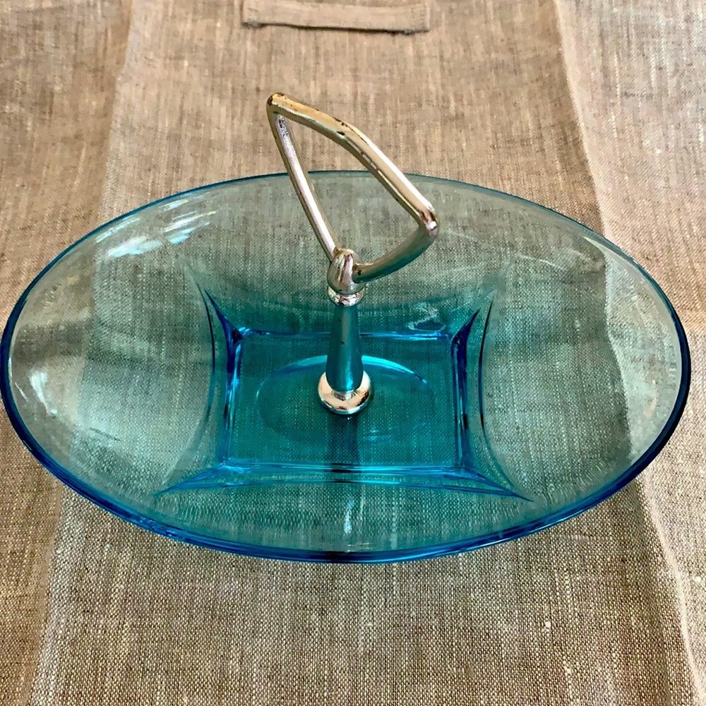 MCM Turquoise blue glass candy/nut/relish dish.
